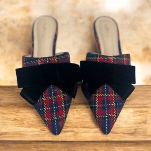 $198 J. McLaughlin LYON tartan plaid flats slides mules red blue black bow 8.5